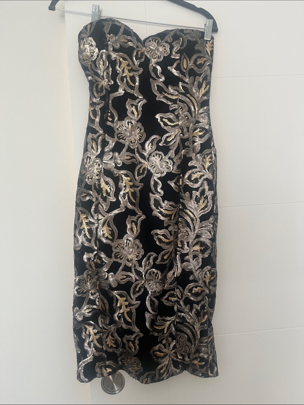 Black Strapless Sequin Cocktail Dress with Gold & Silver Embroidery